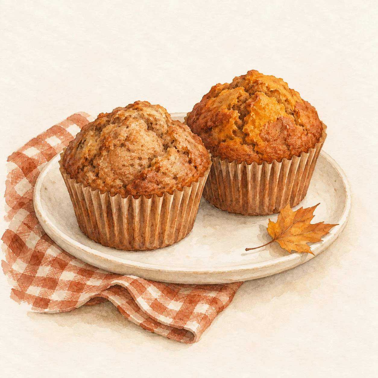 Watercolor illustration of golden muffins on a plate.